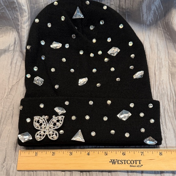 Embellished Black Beanie with Butterfly Detail - Picture 10 of 11